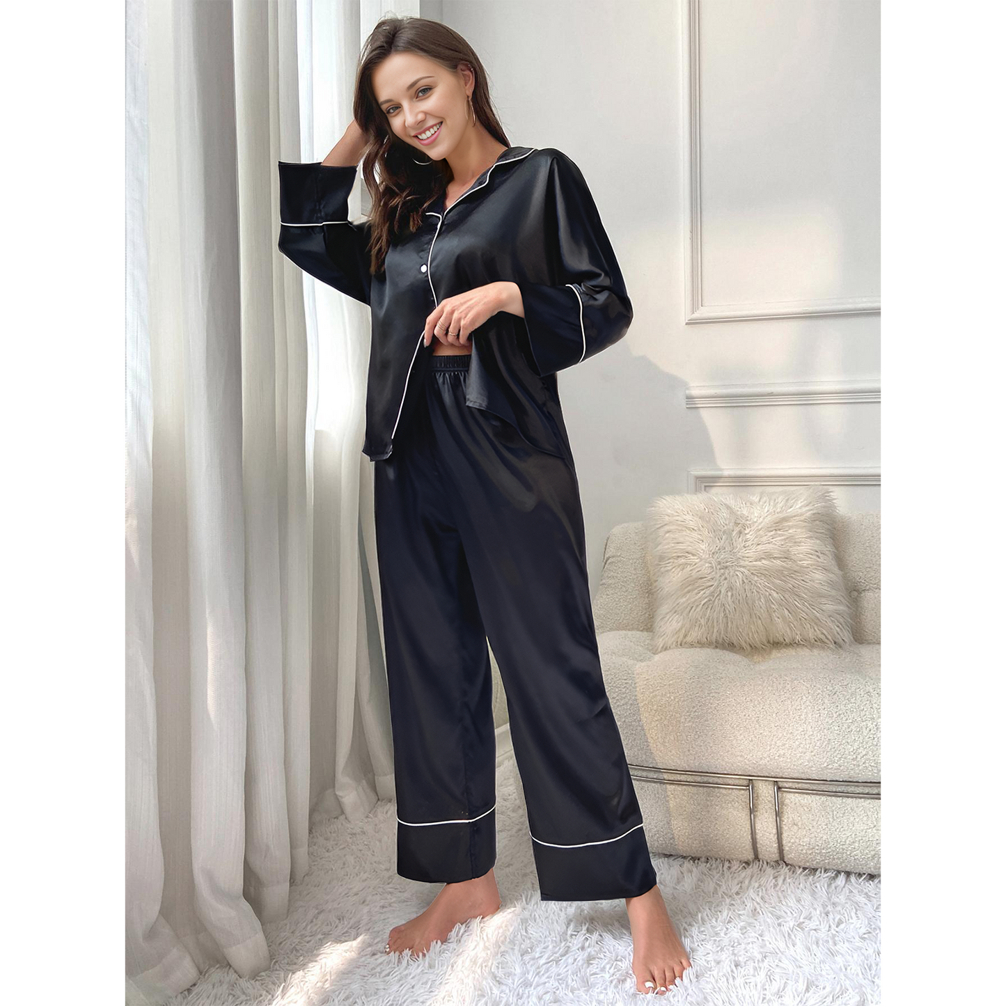 MLDRA Womens Pajamas Sets Long Sleeve Satin Pjs Silk Loungewear Button Down Shirt Long Pants Nightwear