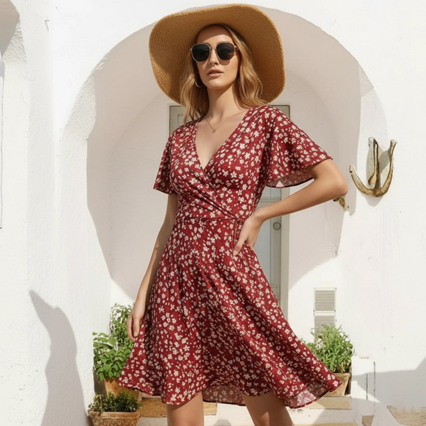 MLDRA Boho Dresses for Women Summer Casual Short Sleeve Floral V Neck Above Knee Dress for Beach Vacation Holiday Party,Red Wedding Guest Dress