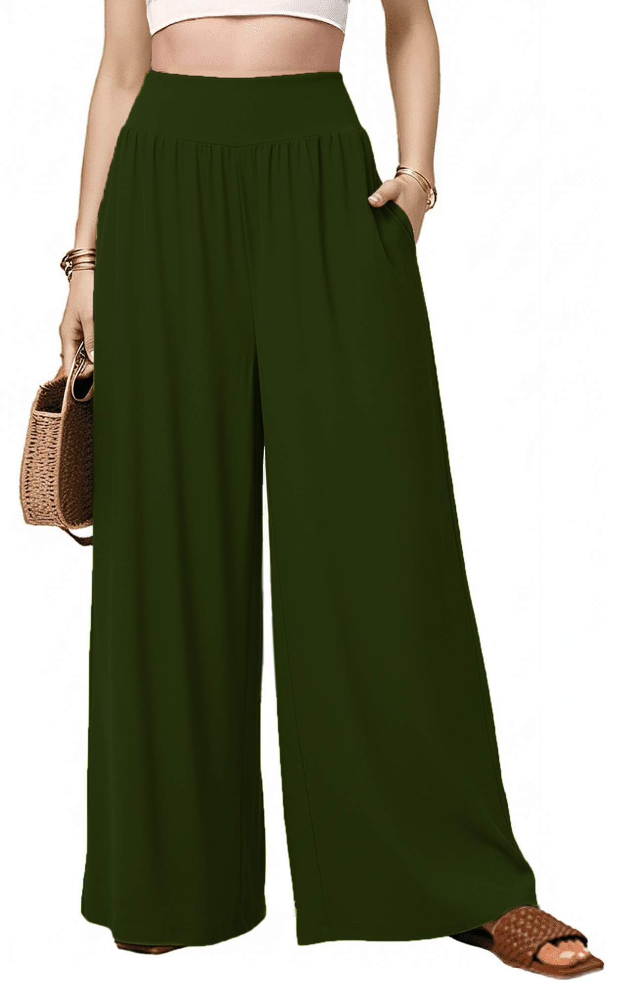 MLDRA Wide Leg Pants Women Flowy Dressy Cotton Casual Womens Pants Elastic High Waist Palazzo Pant for Women with Pockets