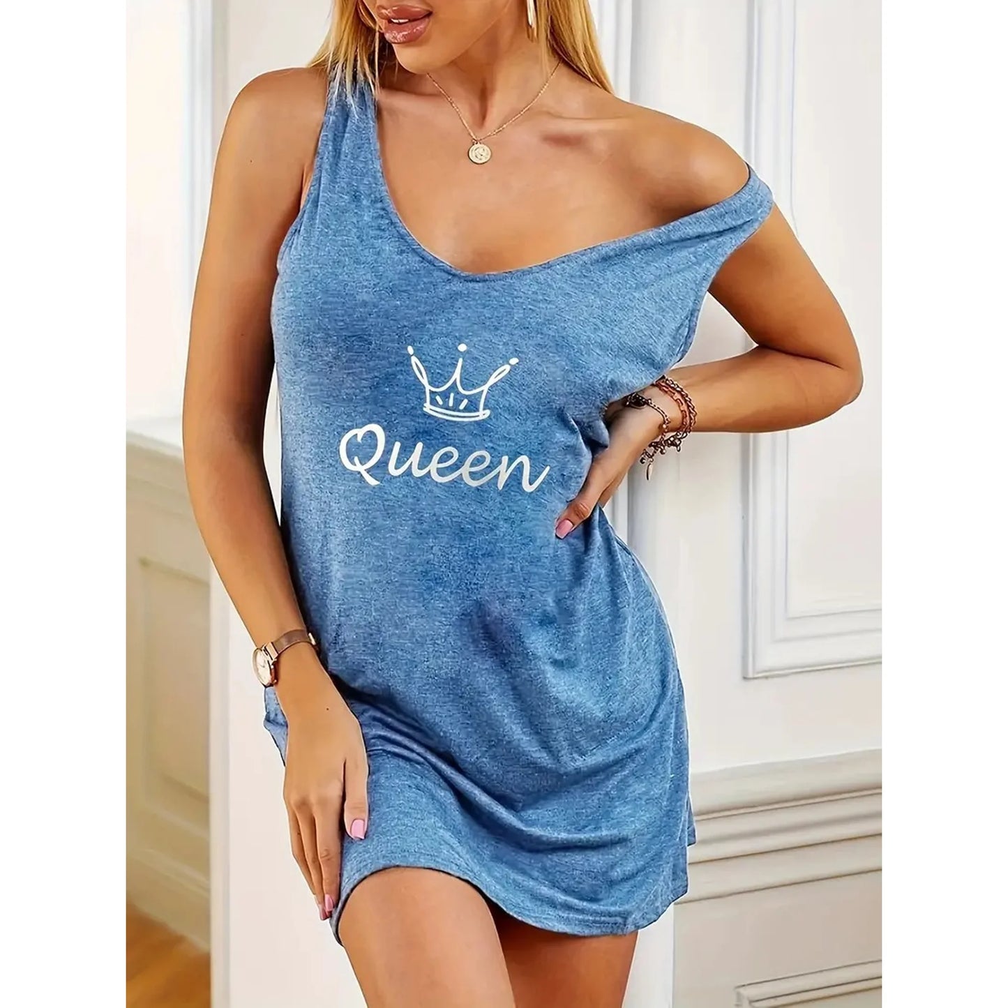 MLDRA Nightgowns for Women Sleeveless Pj Dress Sleepwear Tank Night Gowns Queen's Crown Pattern Sleepshirts Casual Loungewear