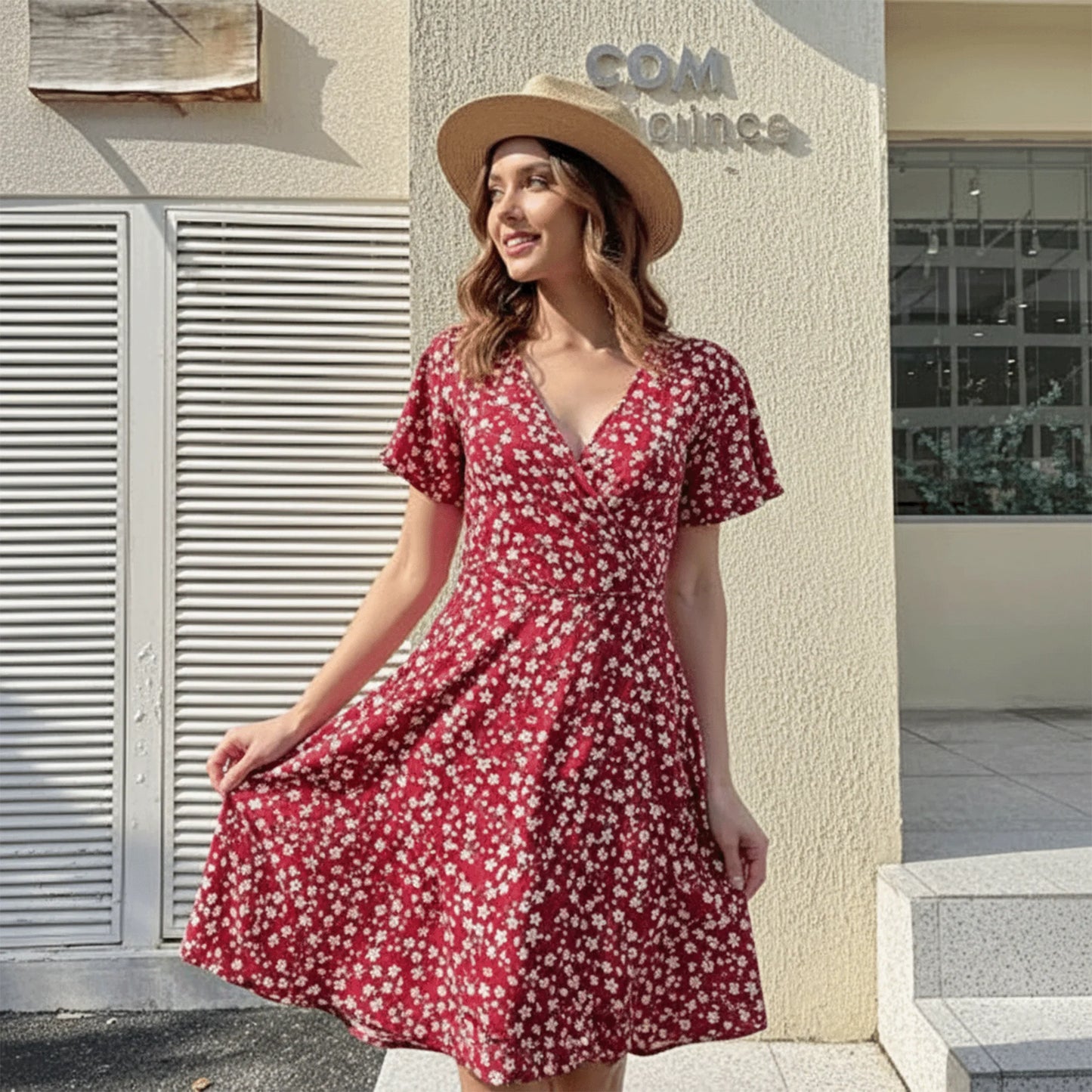 MLDRA Boho Dresses for Women Summer Casual Short Sleeve Floral V Neck Above Knee Dress for Beach Vacation Holiday Party,Red Wedding Guest Dress
