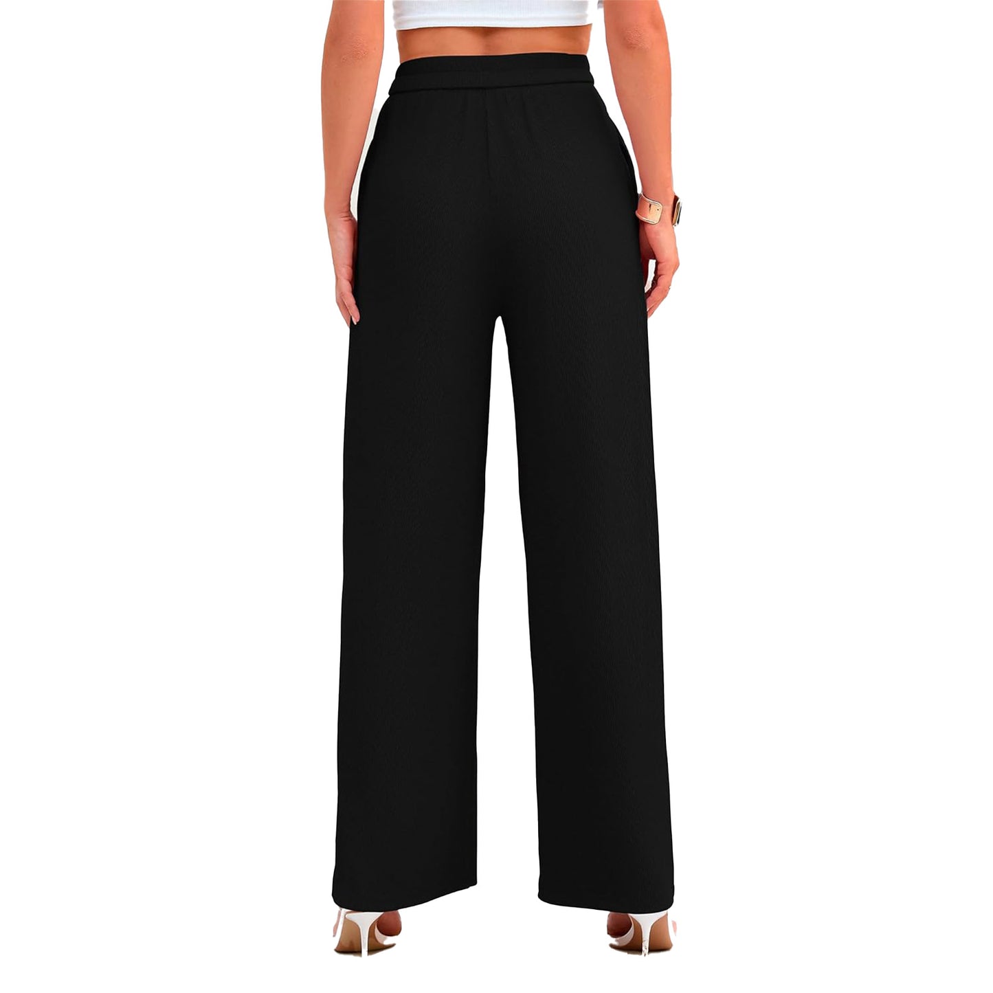 Women's Wide Leg Pants Flowy Dressy Casual Elastic Waist Loose Palazzo Trousers with Pockets