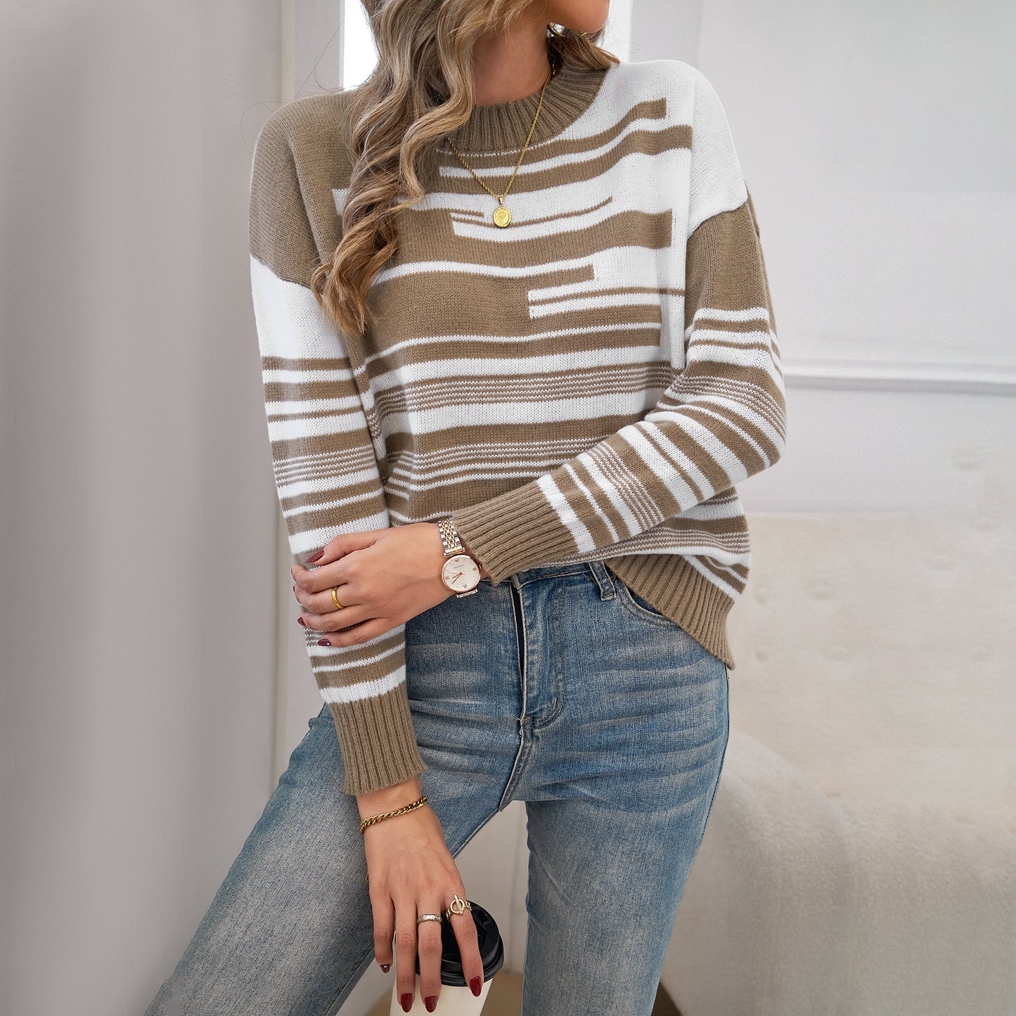 MLDRA Women's Sweaters Knit Color Block Long Sleeve Crewneck Pullover Tops Casual Striped Knitwear
