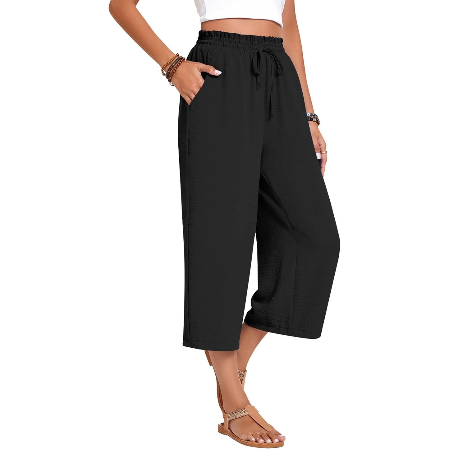 Womens Capri Pants Loose High Waisted Wide Leg Lounge Pant Drawstring Causal Palazzo Pants Trousers with Pockets Summer Black