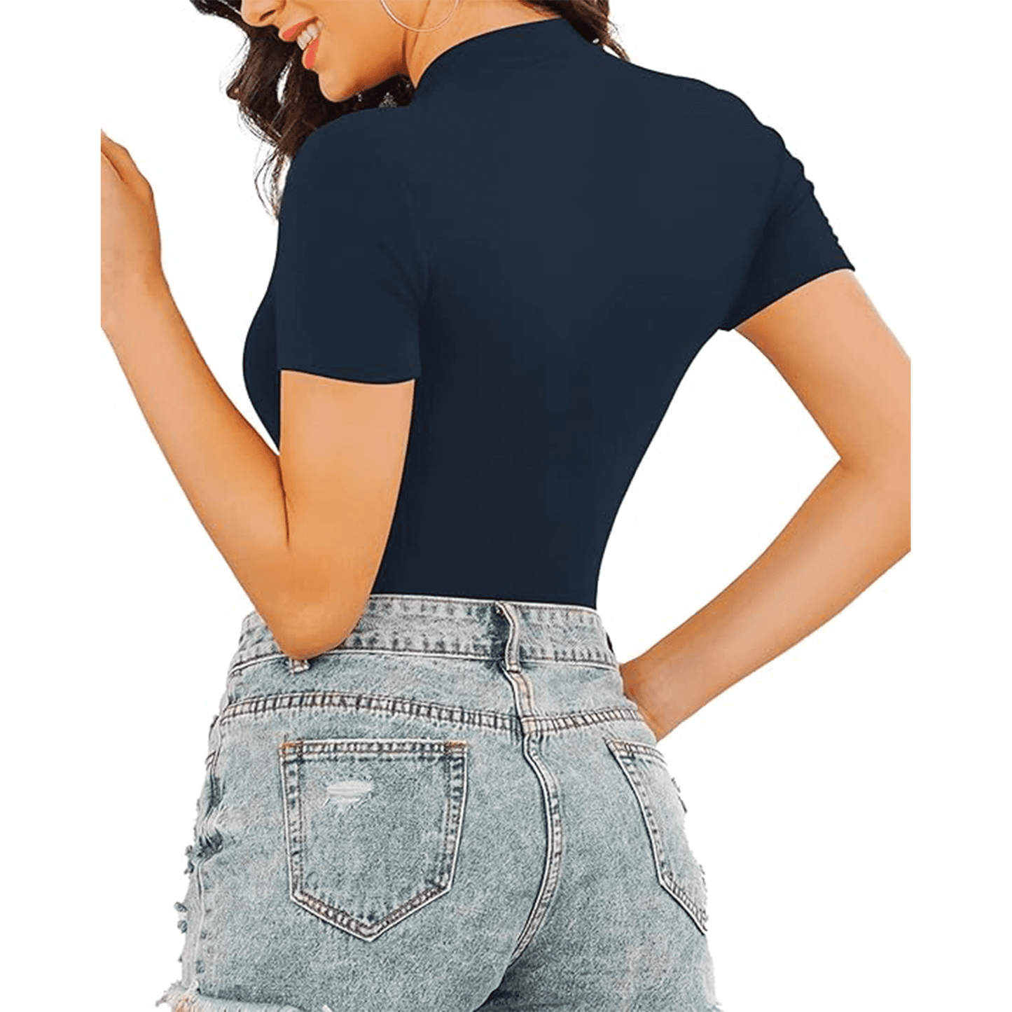 Body Suit Tummy Control Bodysuit Deep V Neck Zip Up Short Sleeve Tops Black Bodysuits for Women Black