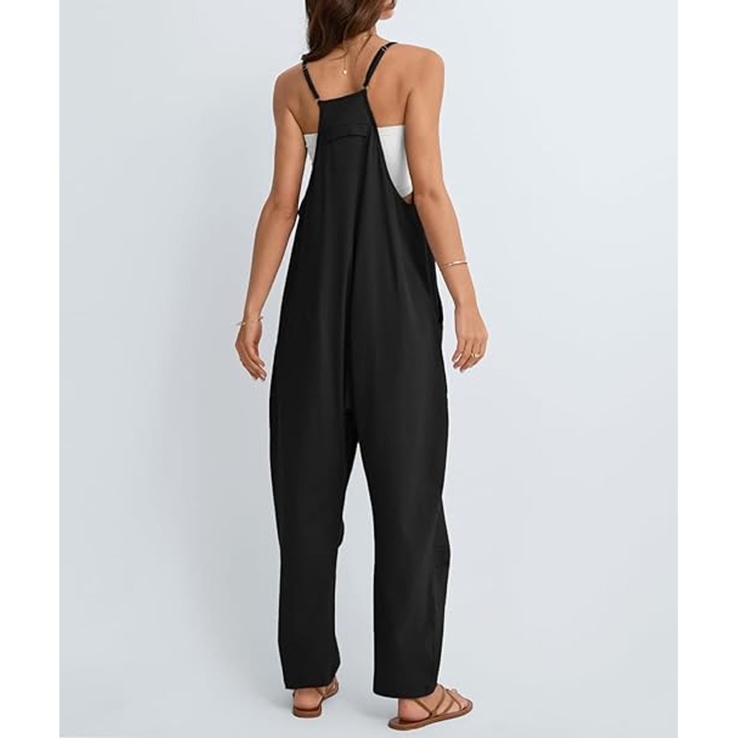 MLDRA Women’s Jumpsuits Spaghetti Strap Loose Fit Rompers with Pockets Sleeveless Overalls Onesie Jumpers for Vacation Beach Lounge Black Summer