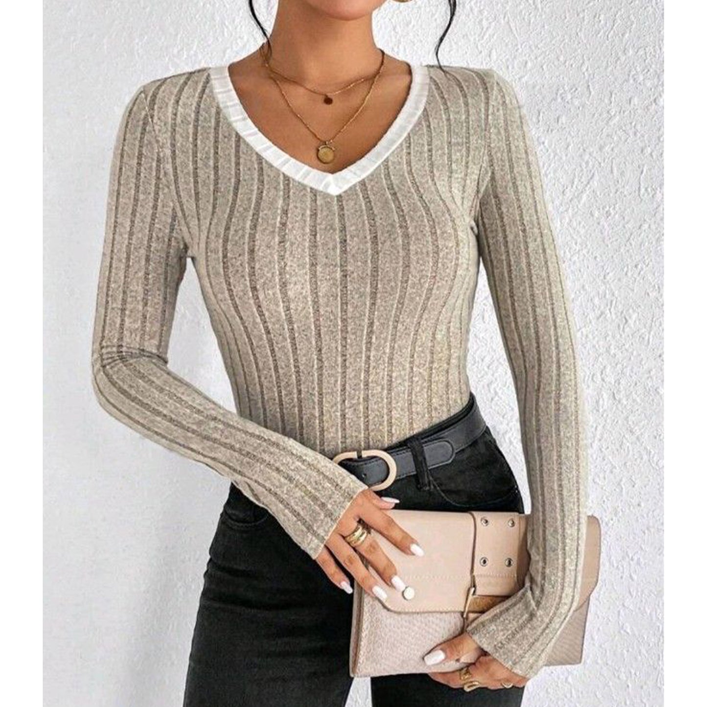 Women's Sweater Casual V Neck Ribbed Knit Contrast Trim Long Sleeve Slim Fit Tee Shirts Tops