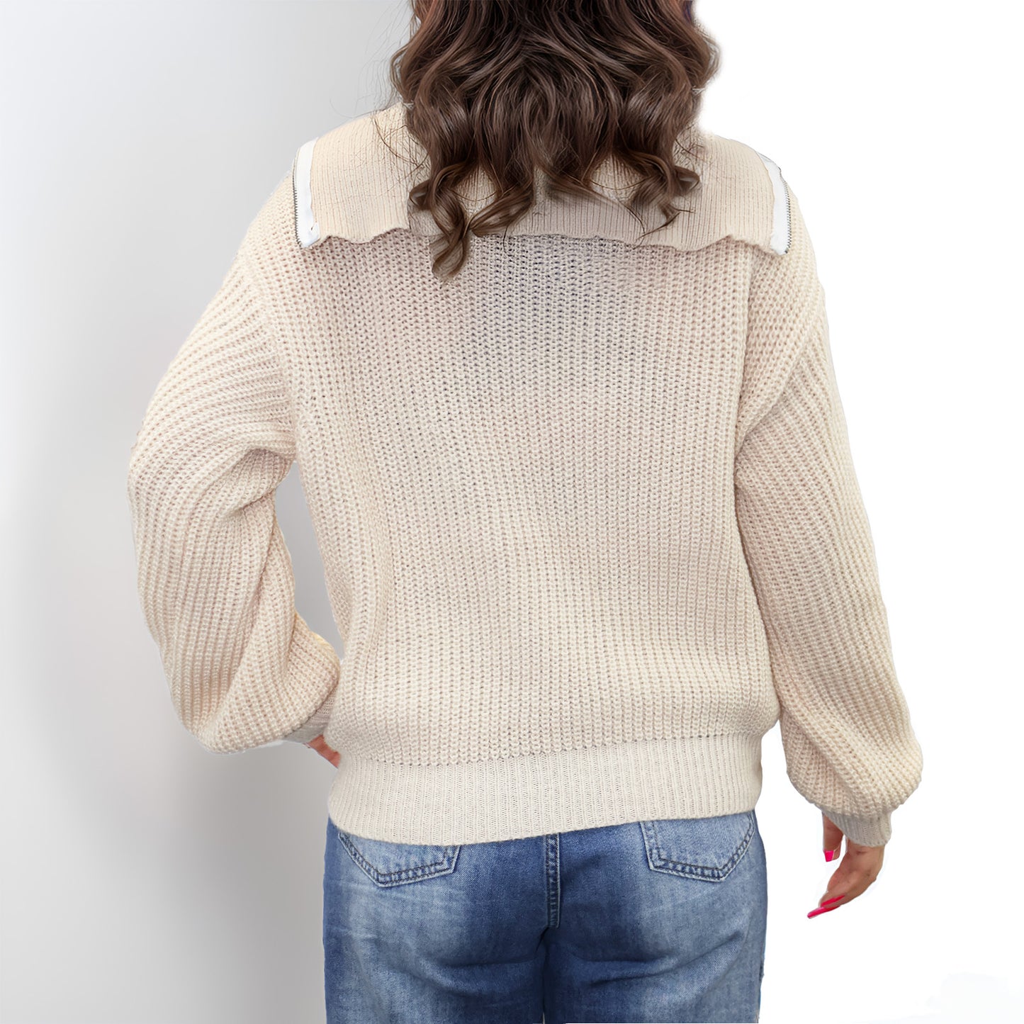 MLDRA Women's Sweaters Knit Pullover V-Neck Quarter Zip Long Sleeve Tops with Collars Knitwear