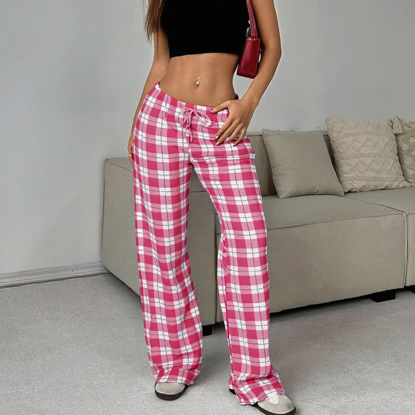 MLDRA Womens Pajama Pants Cotton Flannel Plaid Pants for Women Lounge Pants Women Soft PJ Pants Women Fall Pink