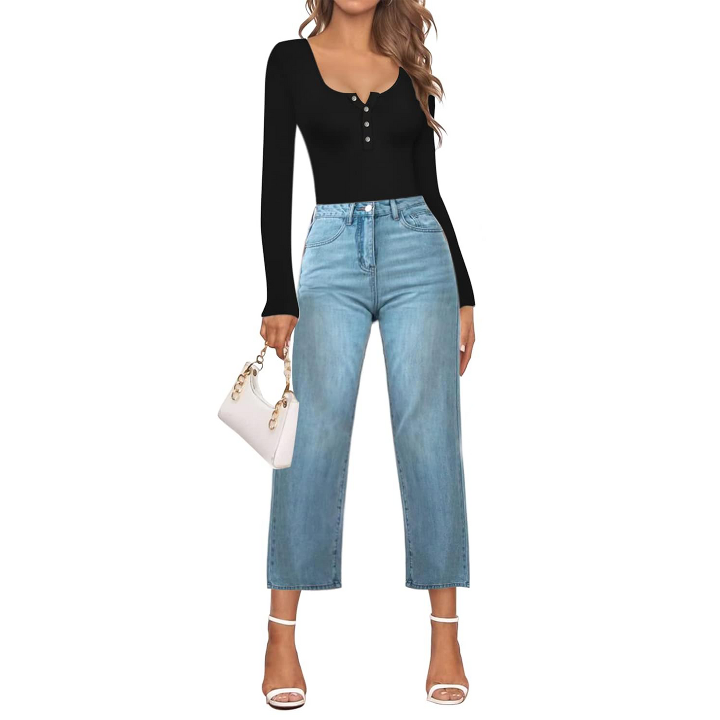 Bodysuits Tummy Control Long Sleeve Body Suit Crew Neck Ribbed Button Down for Women Black