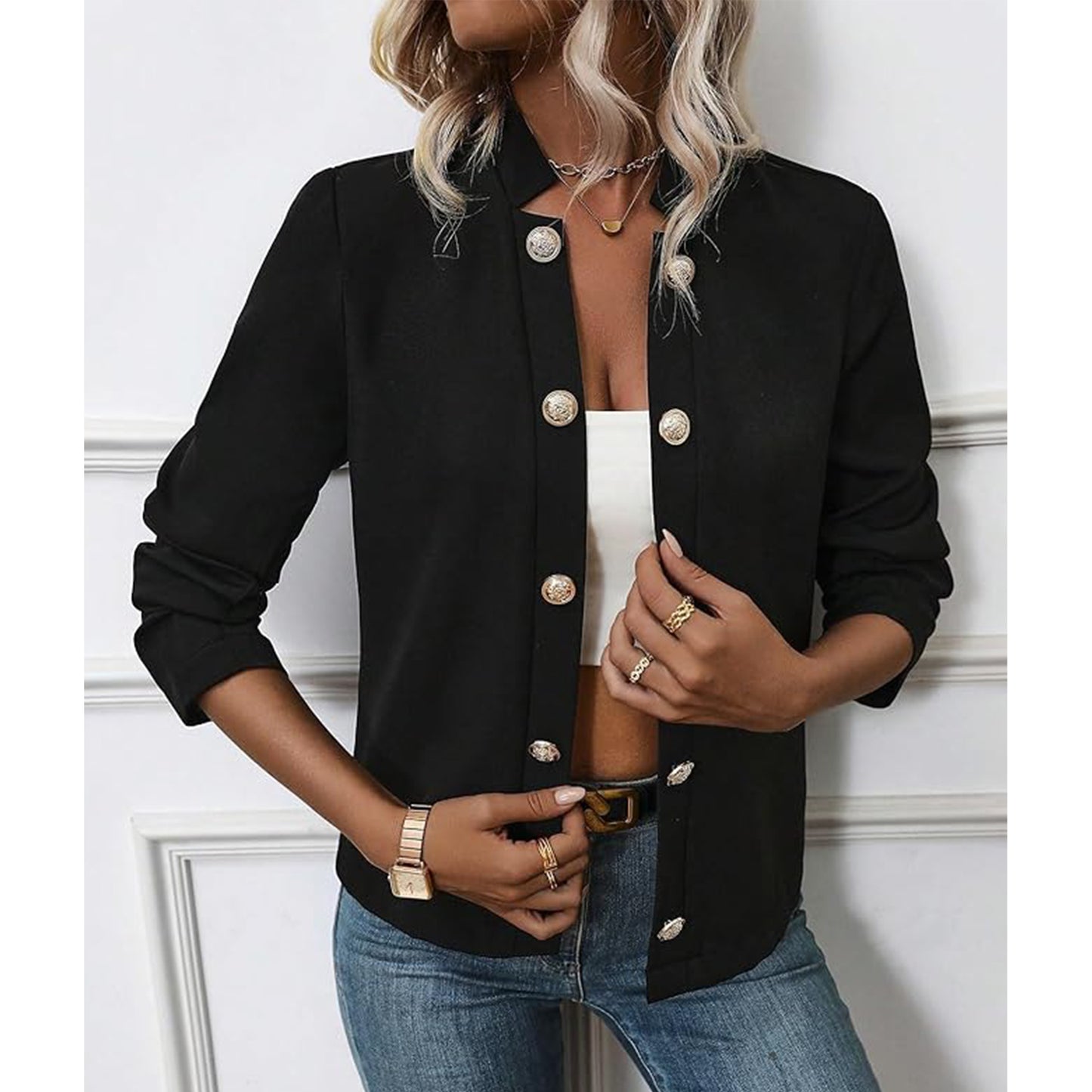 Women's Jacket Fall Fashion Open Front Blazer Lightweight Solid Color Long Sleeve Button Jacket Shirts for Business Trendy Casual Tops (Black)