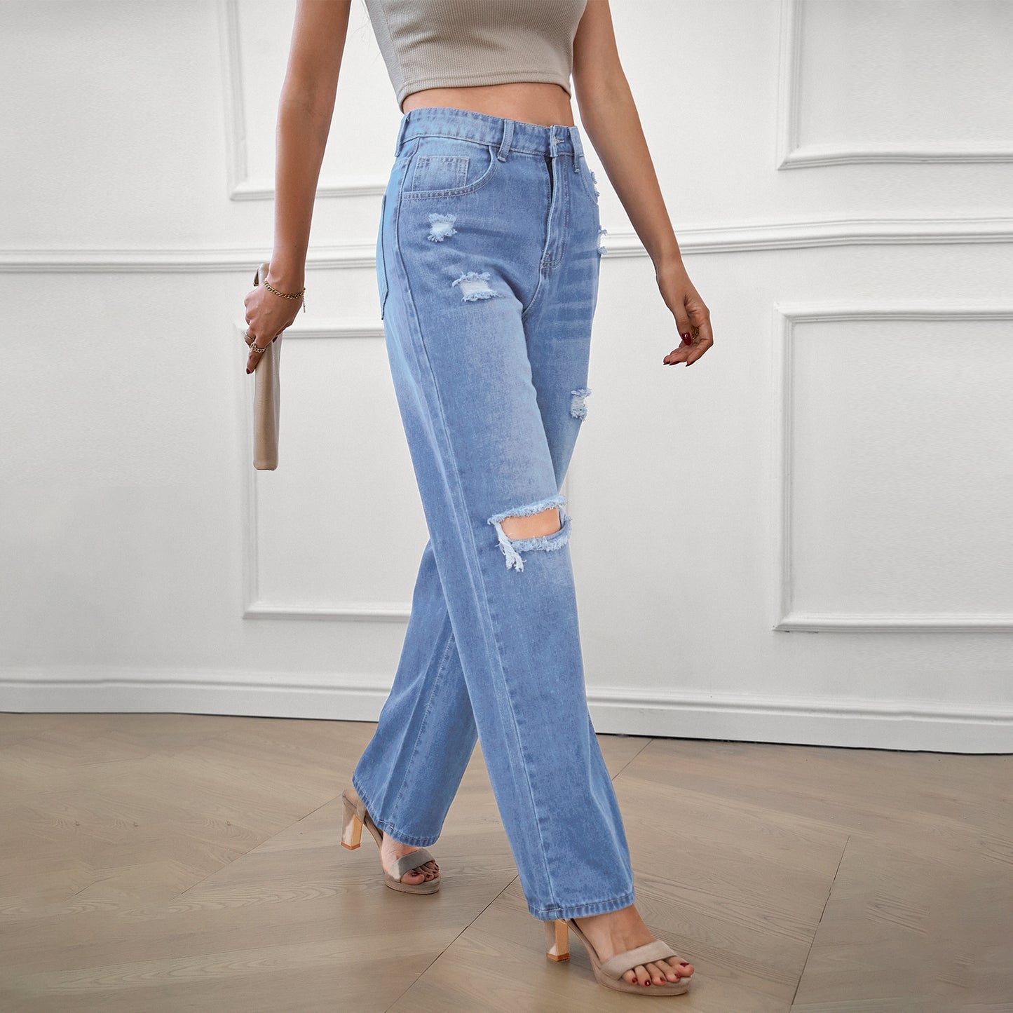 Womens Jeans Ripped Denim Pants Wide Leg Baggy Boyfriend Streetwear Long Denim Trousers