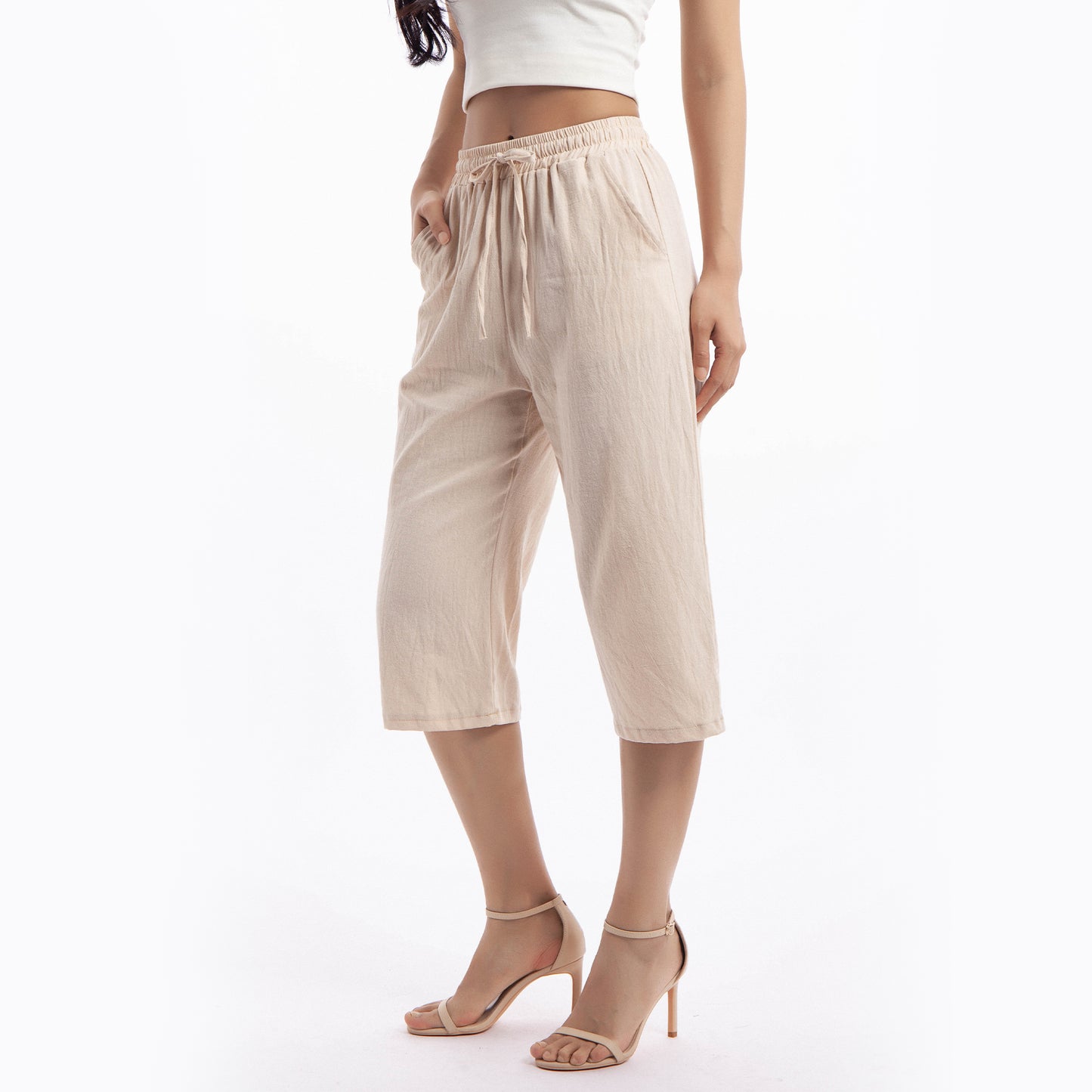MLDRA Women’s Linen Capri Pants Cropped Wide Leg Palazzo Yoga Casual Pants Elastic Waist Loose Fit with Pockets Summer