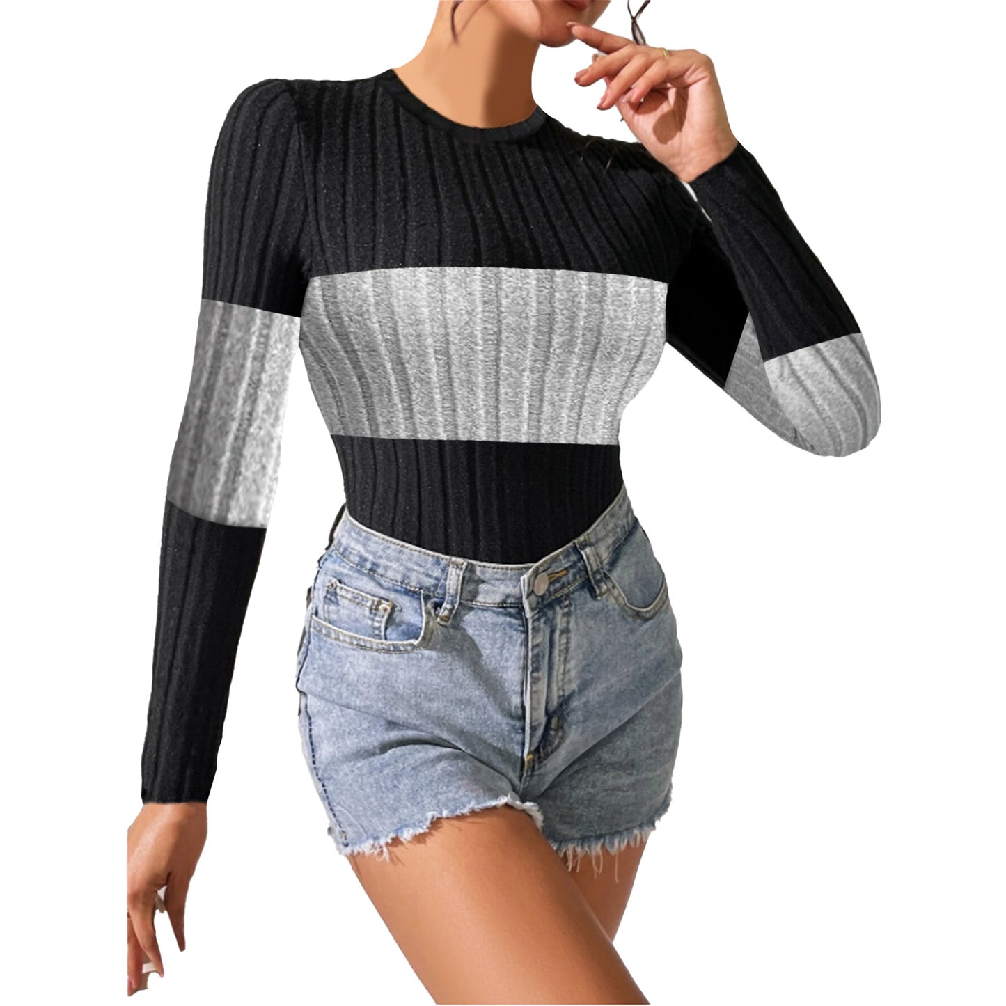 Womens Bodysuit Tummy Control Body Suit Long Sleeve Crew Neck Ribbed Color Block Shirt Tops Black Grey
