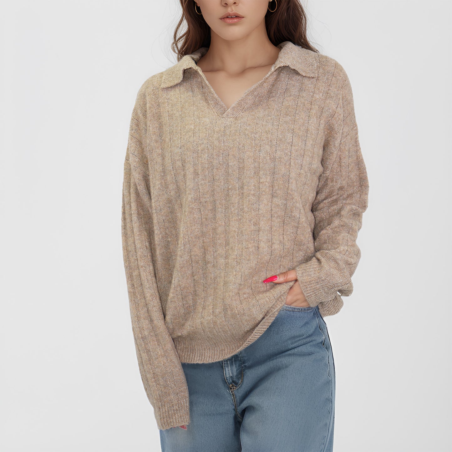 Womens pullover Sweaters Long Sleeve polo V Neck collar Lightweight Fall Soft Knitwear Casual Outerwear