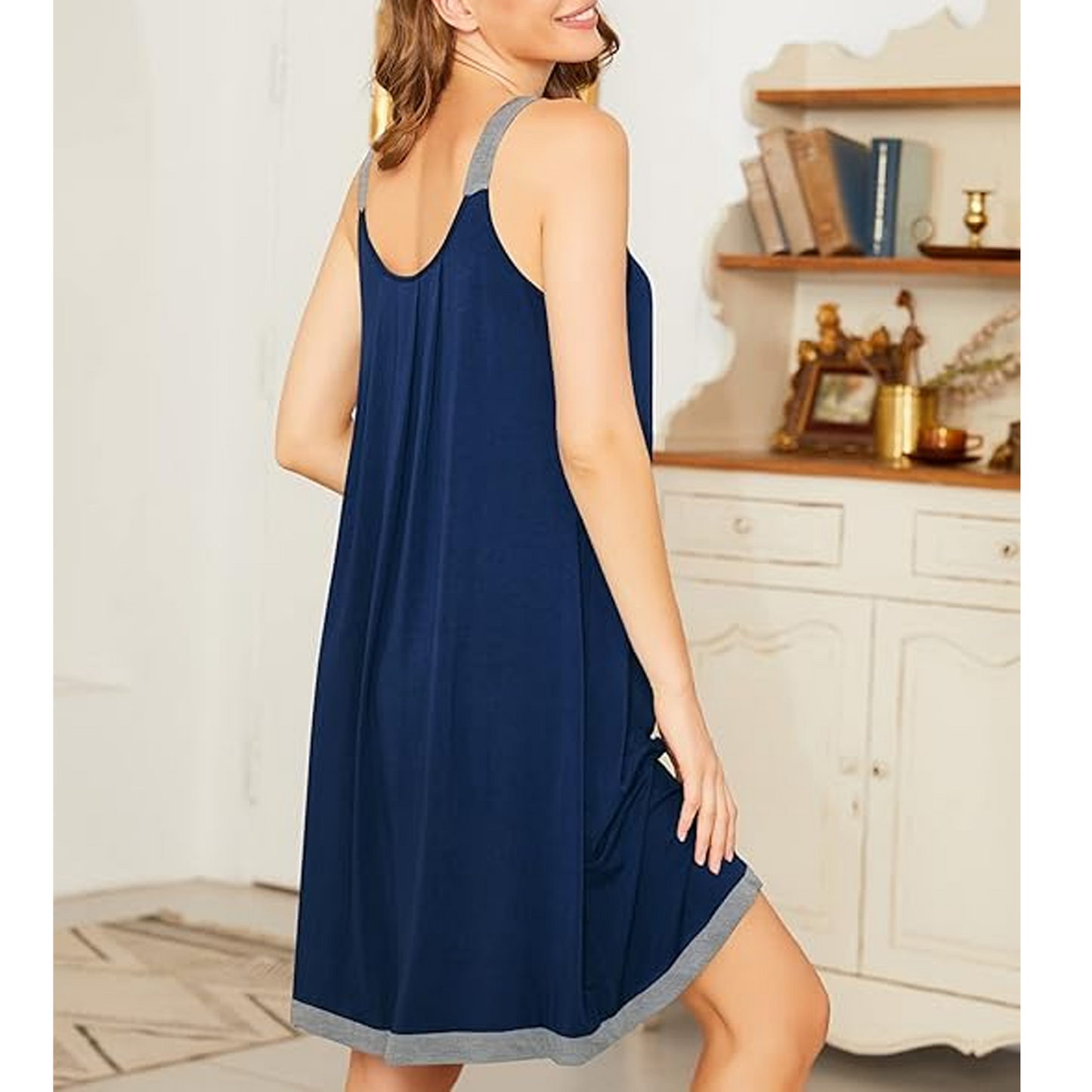 MLDRA Nightgown for Women Sleeveless Sleepwear Wide Strap Sleep Shirt Pleated Scoopneck Nightshirt