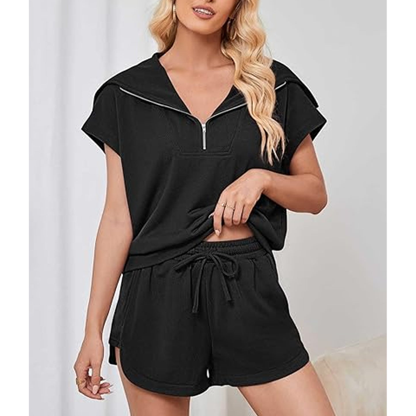 Women Two Piece Lounge Set Outfit Sweat Short Set Summer Sweatshirt Yoga Workout Short Sleeve V Neck Top Elastic High Waist Shorts Tracksuit Leisure Suit Black