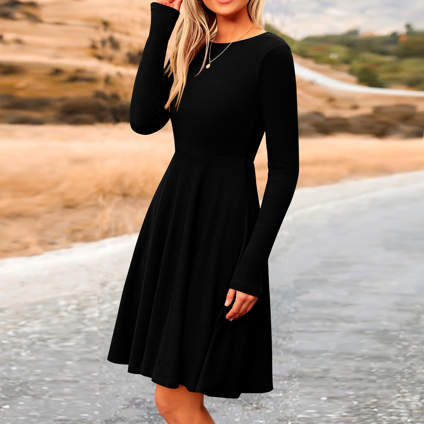 MLDRA Dress for Women Casual Long Sleeve Ribbed Knit A-Line Flowy Fall Winter Sweater Dress, Crewneck Elegant Going Out Dresses for Women 2025