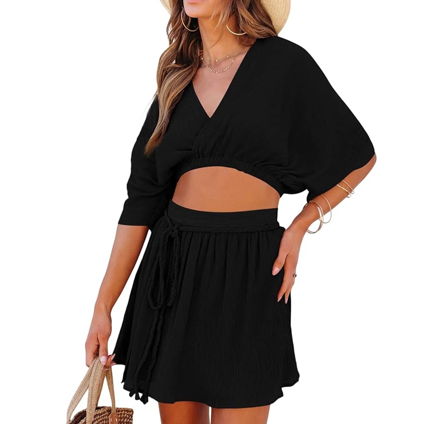 Women's Skirt Set Summer Lounge Beach 2 Piece Sexy Outfit Wrap Skirt and Top Lounge Travel Set Half-Sleeve V-Neck Crop Top High-Waisted Slit Dress Black