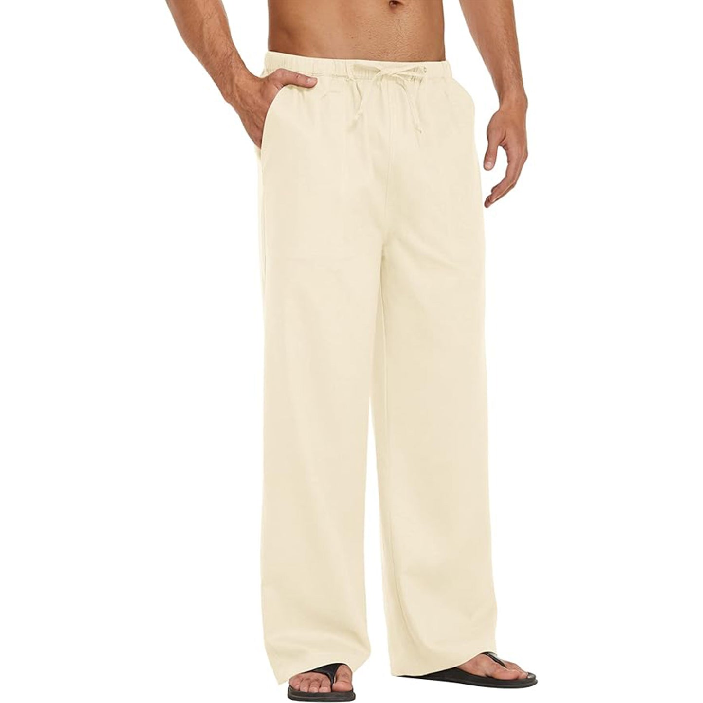 Men's Linen Pants Drawstring Slim Fit Elastic Waist Wide Leg Trousers Lightweight Beach Summer Pants