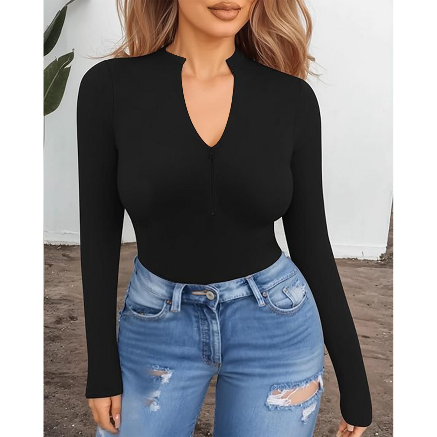 Body Suit Tummy Control Bodysuit Deep V Neck Zip Up Long Sleeve Tops Black Bodysuits for Women Black