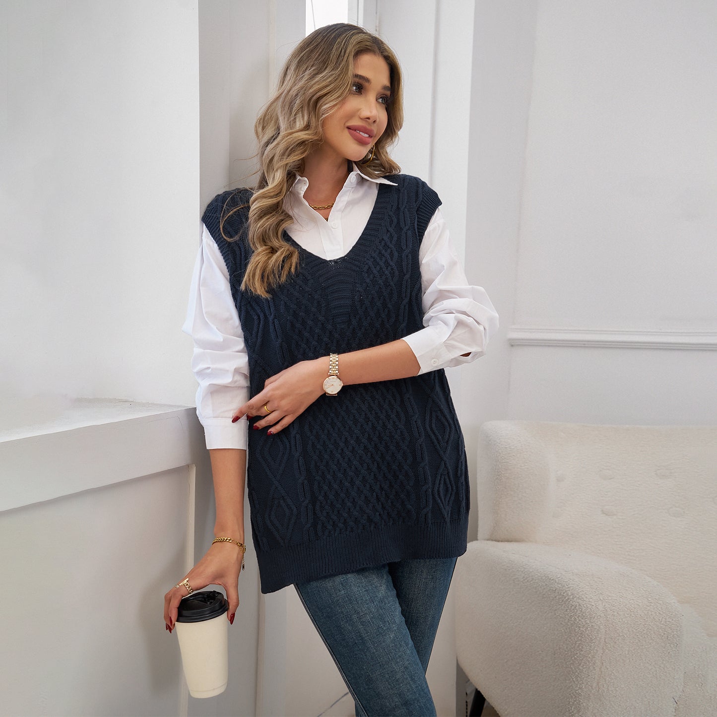 MLDRA Womens Sweater Vest Knitted V Neck Sleeveless Pullover Knitwear Waistcoat Vintage Solid Top