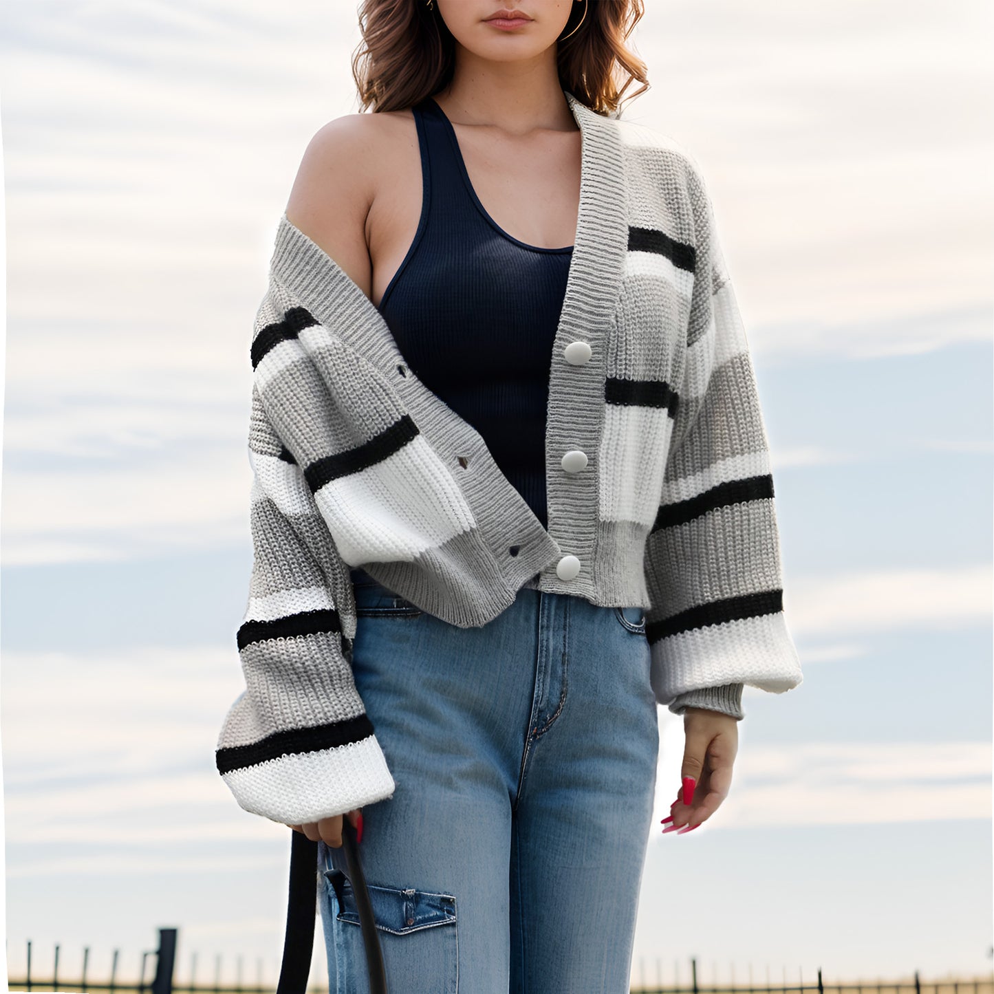 MLDRA Women's Fall Long Sleeve Knitwear Open Front V Neck Button Down Striped Cardigan Sweater Coat
