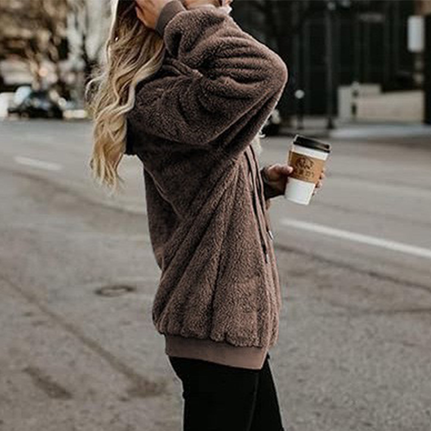 Womens Fleece Hoodie Sweatshirt Long Sleeve Solid Fall Pullover with Drawstring Pocket Faux Fur Zip Flannel Warm Casual Tops