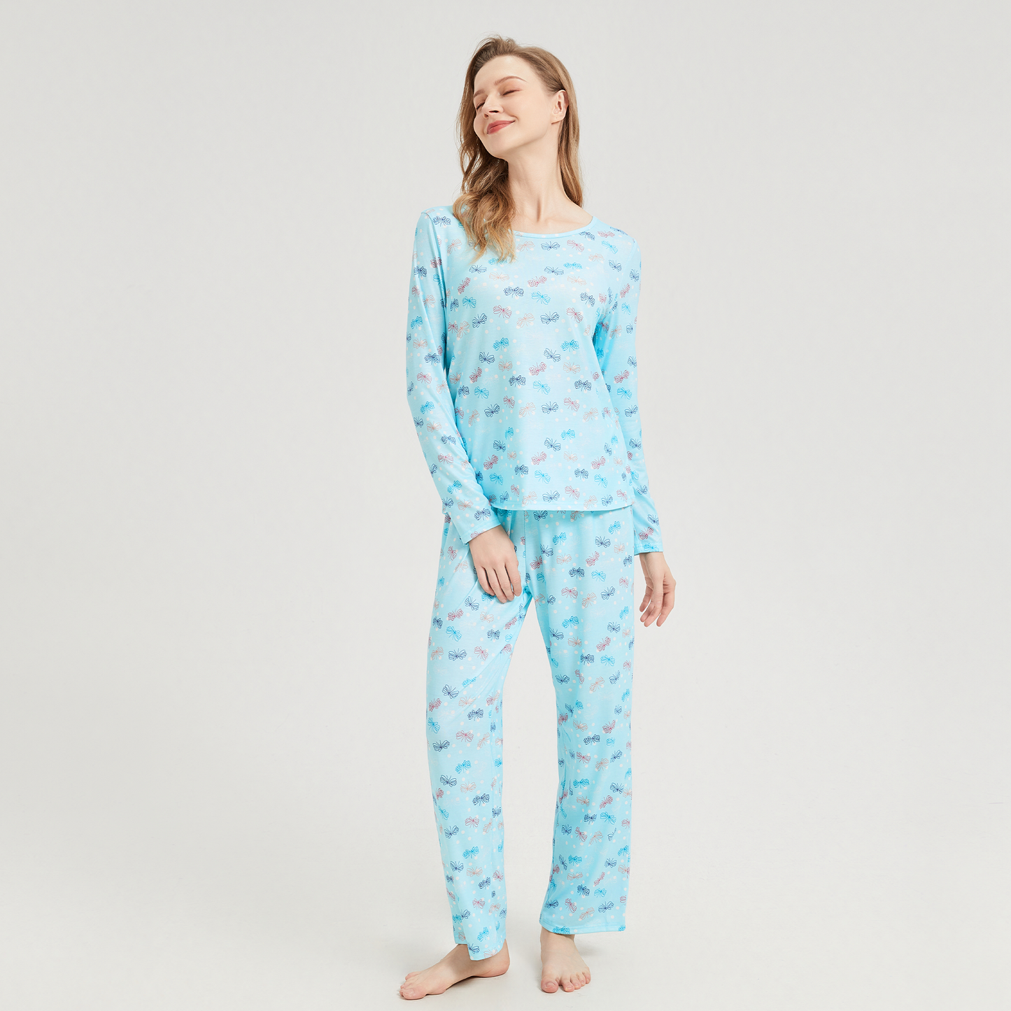 Womens Pajamas Set Long Sleeve Pjs Crew Neck Lounge Wear Fall Soft 2 Piece with Long Pants Sleepwear