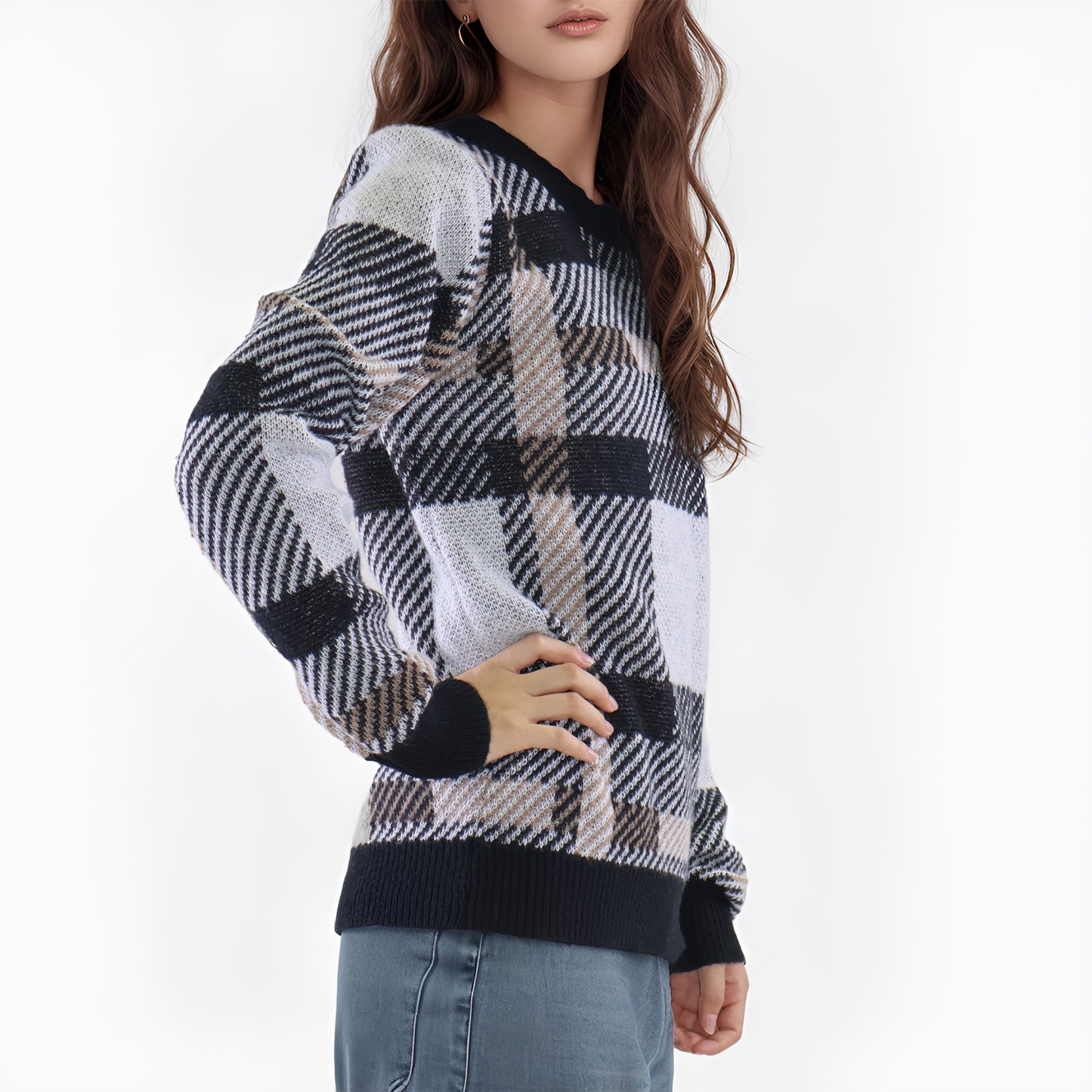 Womens Sweaters Plaid Knit Long Sleeve Crewneck Color Block Casual Pullover Top Clothes