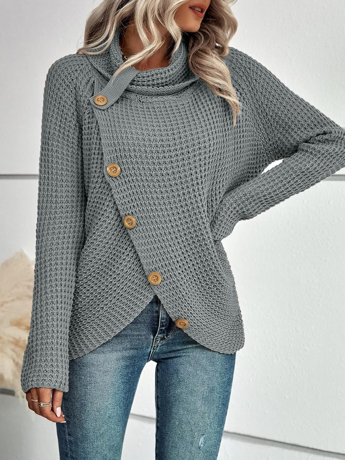 Womens Sweater Knit Waffle Slant Button Up Cowl Neck Irregular Hem Chunky Pullover Knitwear Tops