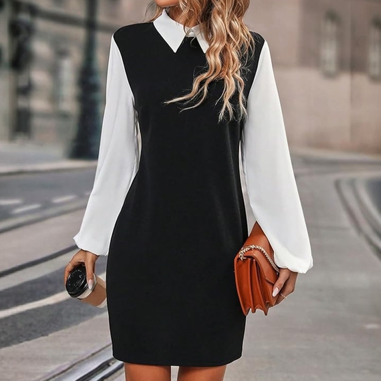 Women's Dresses Long Sleeve Lantern Sleeve 2-in-1 Dress Casual Spring Fall Outfit for Holidays Wedding Guests Business Everyday Wear (Black)