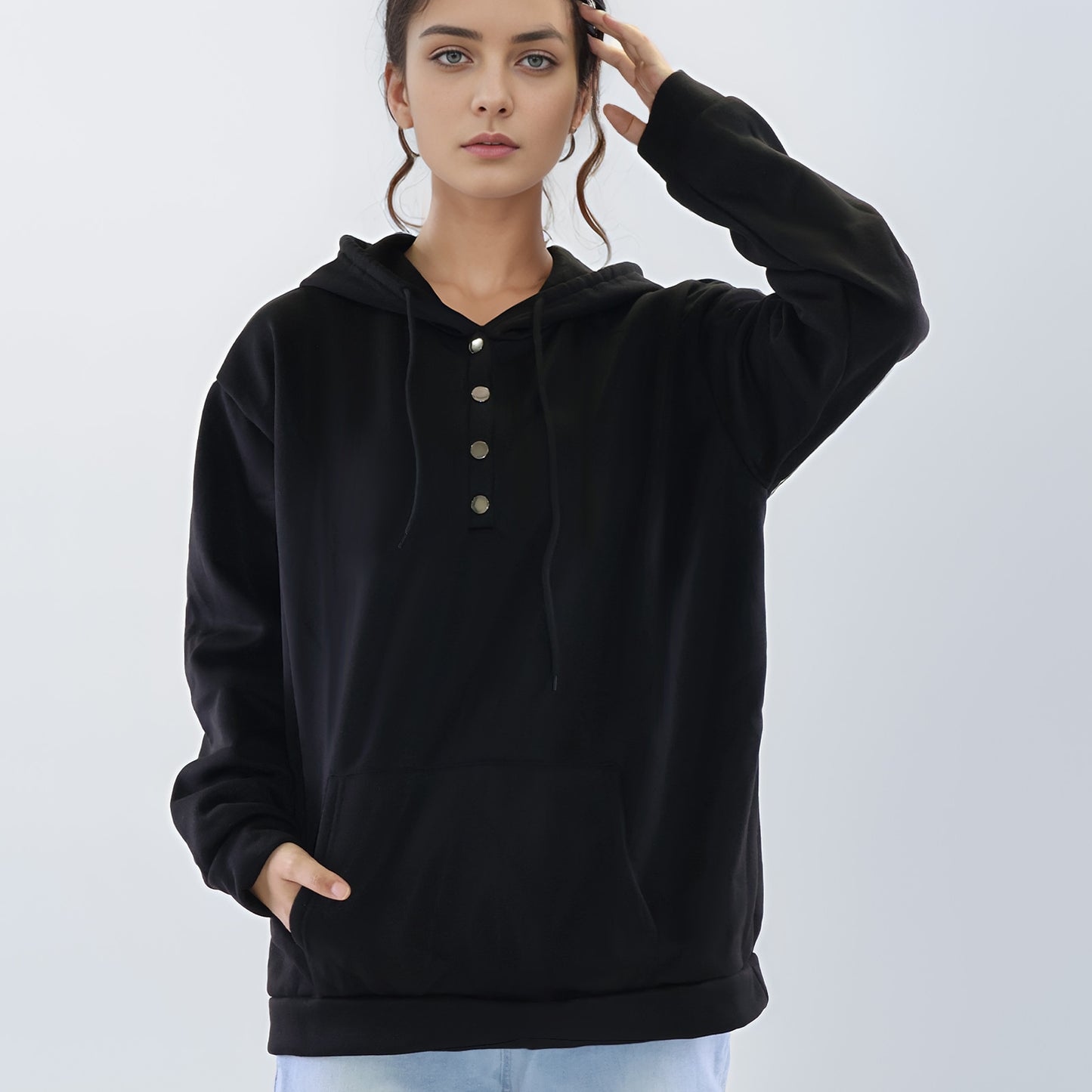 MLDRA Womens Hoodies Sweatshirts V Neck Long Sleeve Button Down Pullover Top Drawstring with Pocket