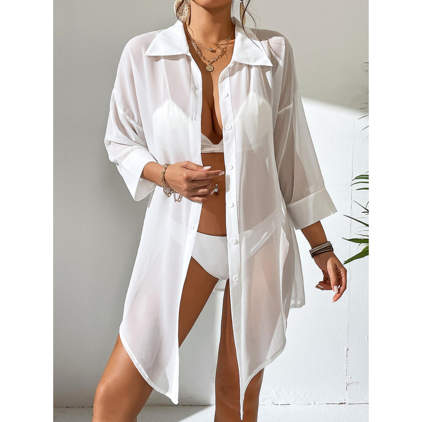 Visit the MLDRA Store MLDRA Swimsuit Coverup for Women Beach Bikini Cover-Up Loose Button-Down Sleeve V Neck Shirts for Women Bathing Suit Cover Up Summer White Tops