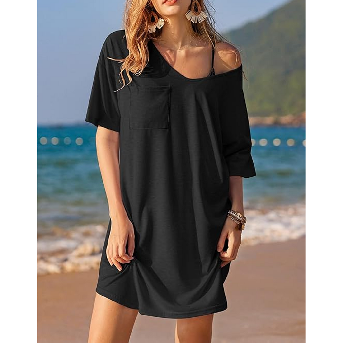 MLDRA Nightgowns for Women Sleepshirt Pajama Dress Loungewear Deep V Neck Nightshirt Casual Loose Comfy Sleepwear Black
