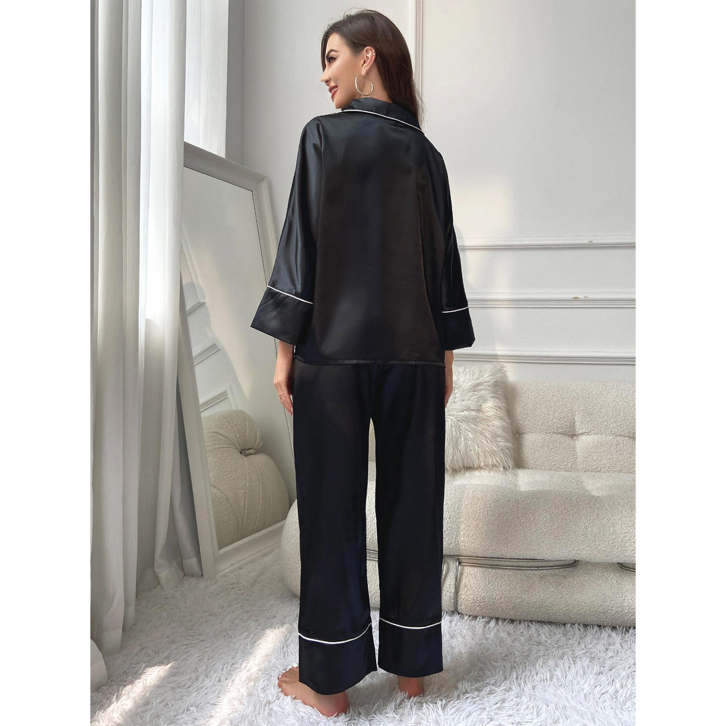 MLDRA Womens Pajamas Sets Long Sleeve Satin Pjs Silk Loungewear Button Down Shirt Long Pants Nightwear