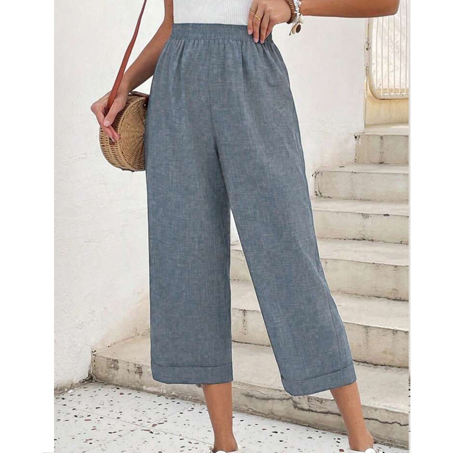 MLDRA Womens Capri Linen Cropped Pants Loose Fit Wide Leg Yoga Casual Elastic Waist Trousers with Pockets Blue