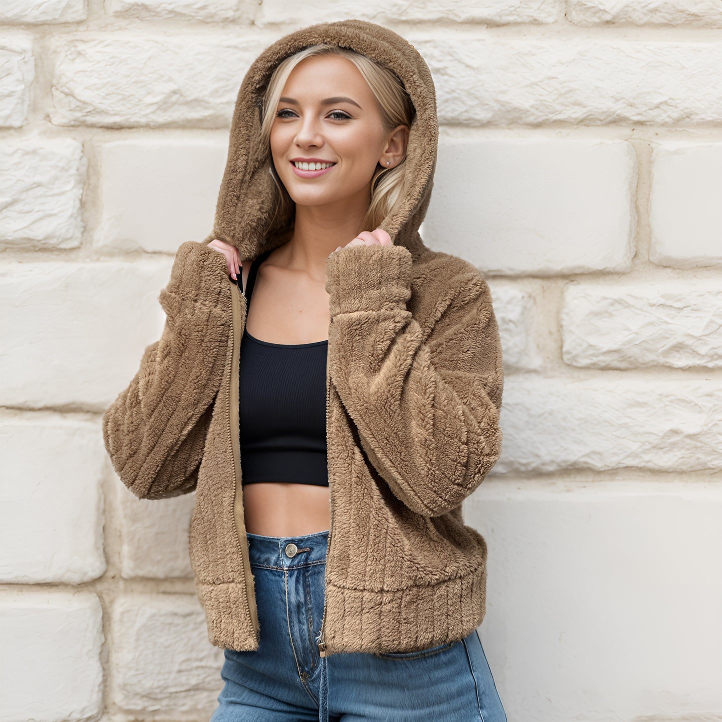 MLDRA Women's Jacket Faux Fur Winter Coat Hoodie Fleece Long Sleeve with Zip Up Warm with Pockets