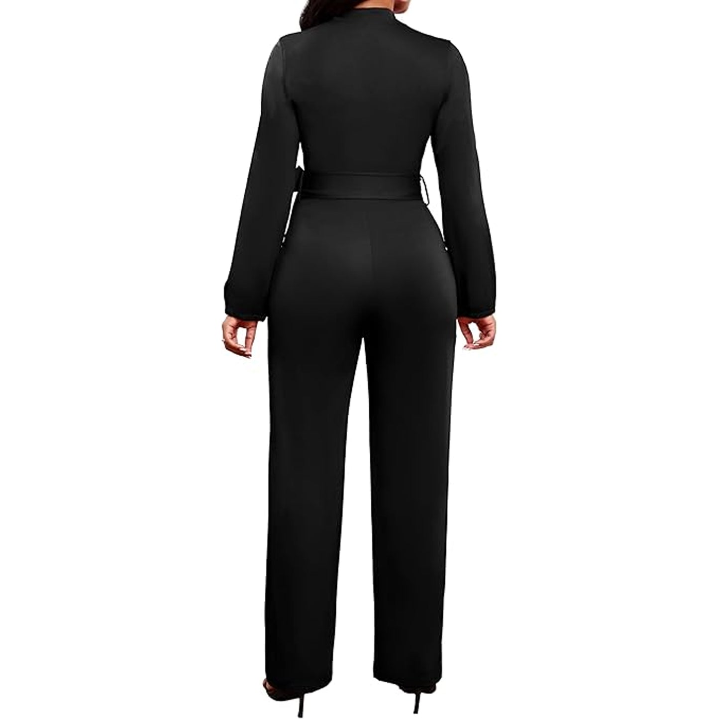 MLDRA Women's Formal Jumpsuits Elegant V Neck Long Sleeve One Piece Wide Leg Romper with Belt & Pockets for Work Office Party Black