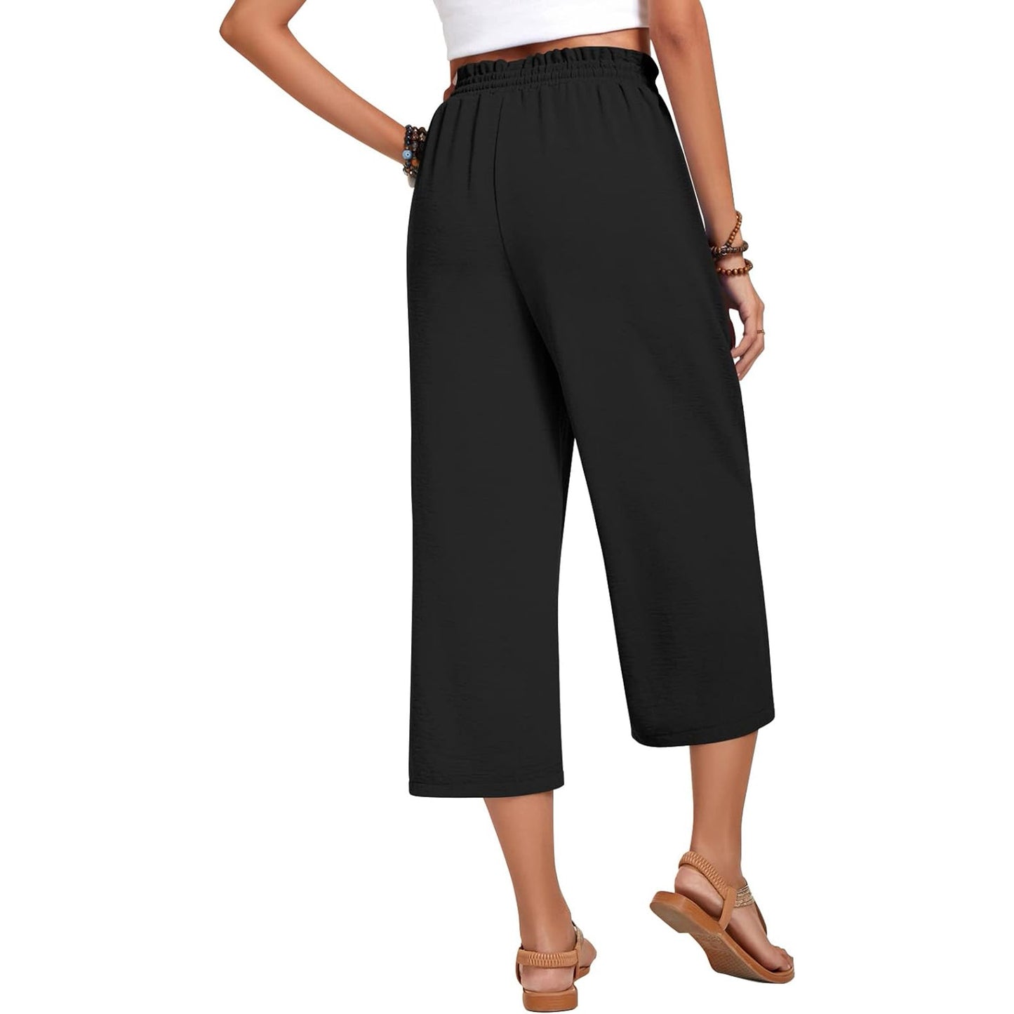 Womens Capri Pants Loose High Waisted Wide Leg Lounge Pant Drawstring Causal Palazzo Pants Trousers with Pockets Summer Black