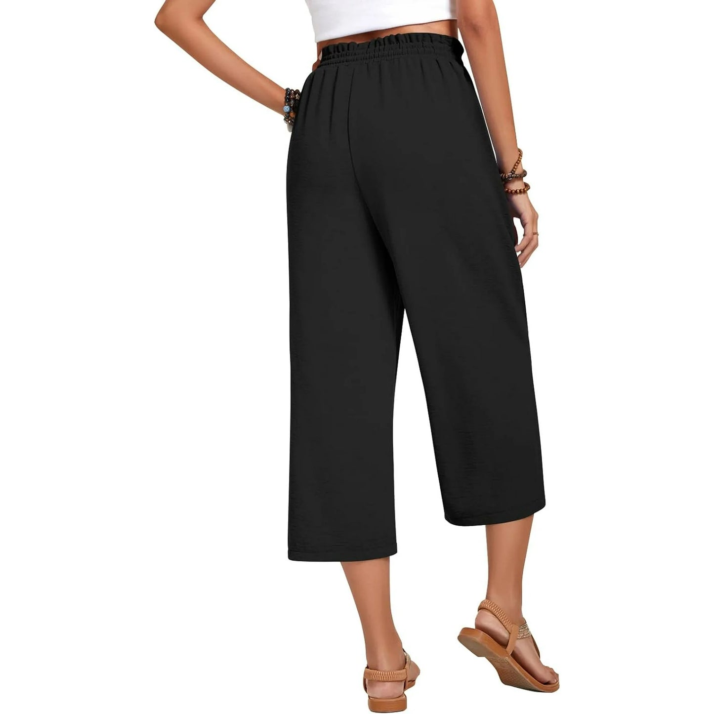 Womens Capri Pants Loose High Waisted Wide Leg Lounge Pant Drawstring Causal Palazzo Pants Trousers with Pockets Summer Black