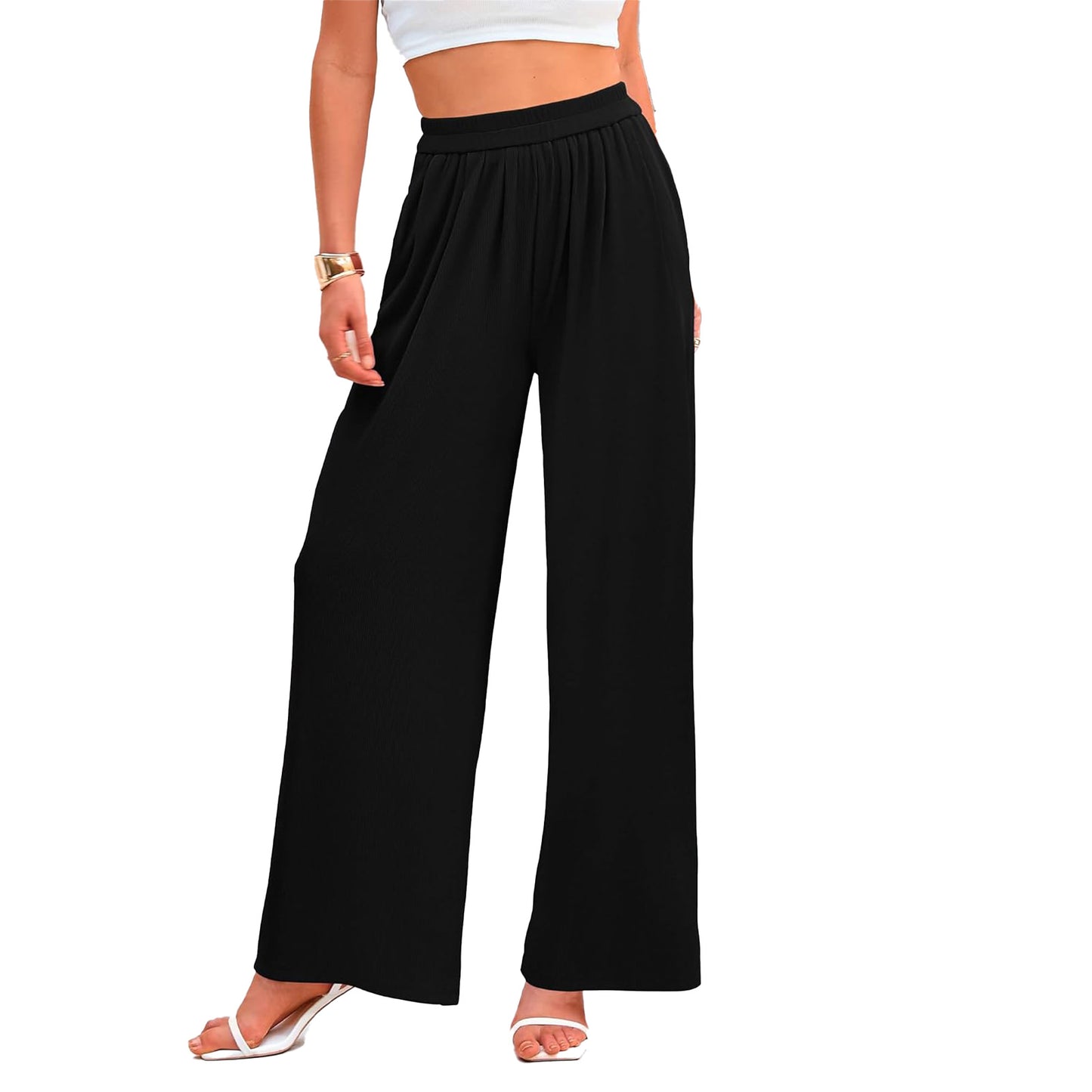 Women's Wide Leg Pants Flowy Dressy Casual Elastic Waist Loose Palazzo Trousers with Pockets