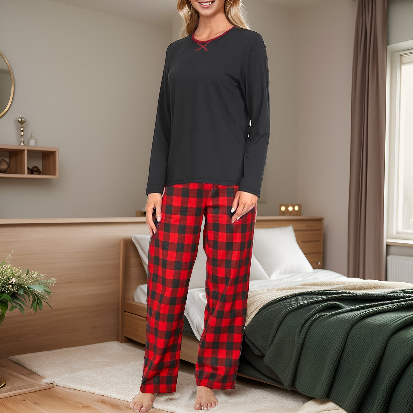 MLDRA Women's Long Sleeve Plaid Pajama Set - Comfy Loose Fit 2-Piece Loungewear Sleepwear