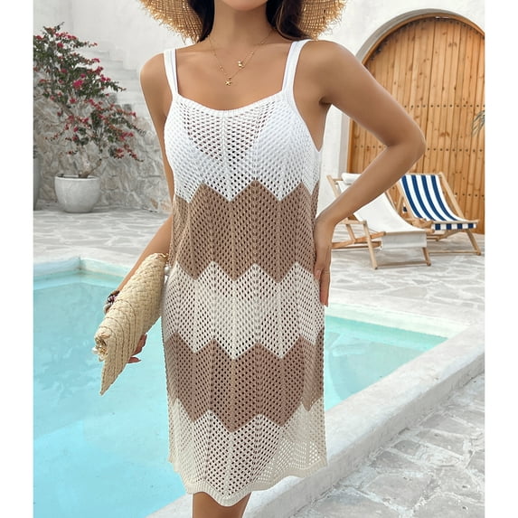 MLDRA Women Swimsuit Cover Ups Summer Sleeveless Striped Color Block Bathing Suit Swimwear Hollow Out Knit Dress