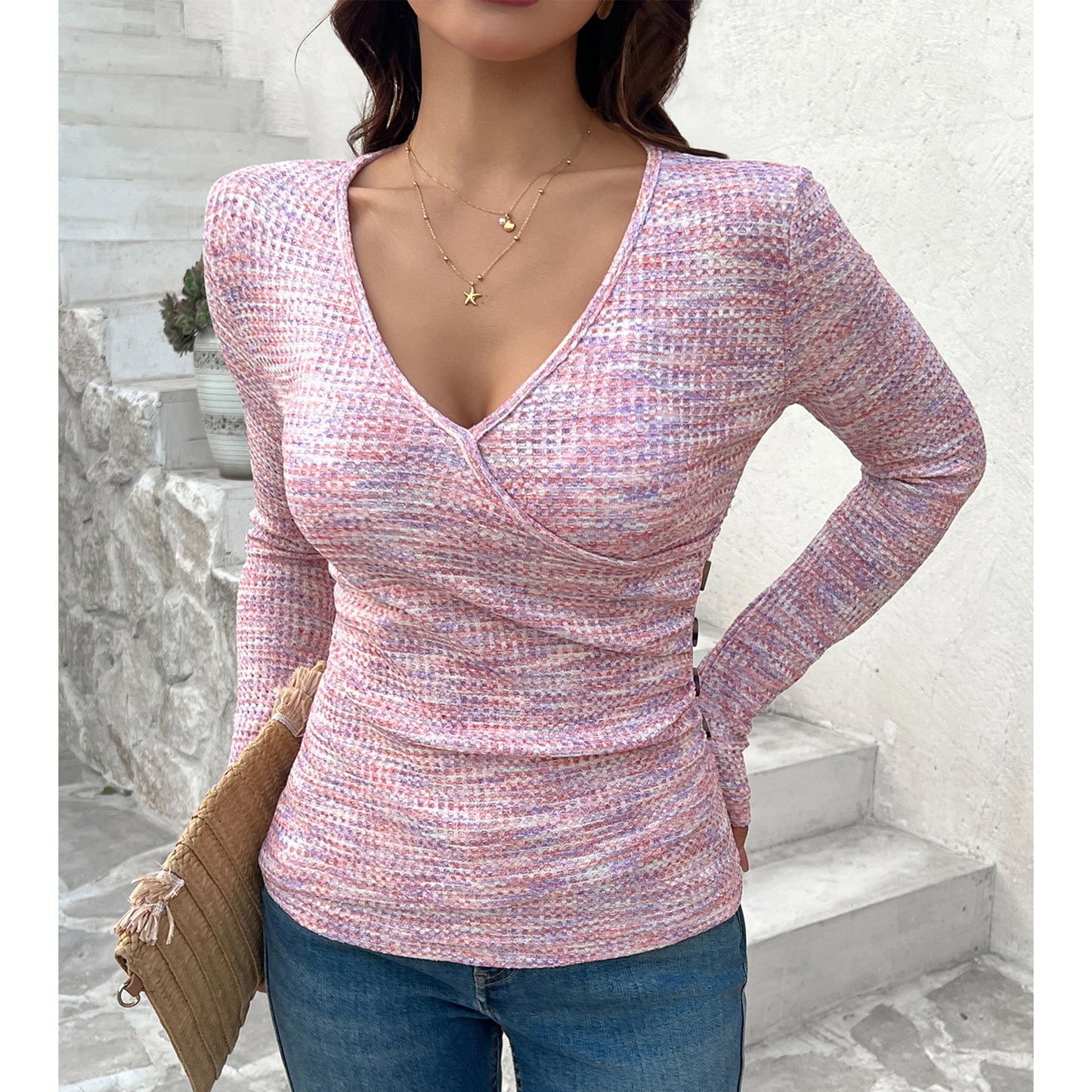 Fall Tops for Women T Shirts V-Neck Long Sleeve Fashion Plain Button Design Casual Slim Fit Tee Tunic Tops
