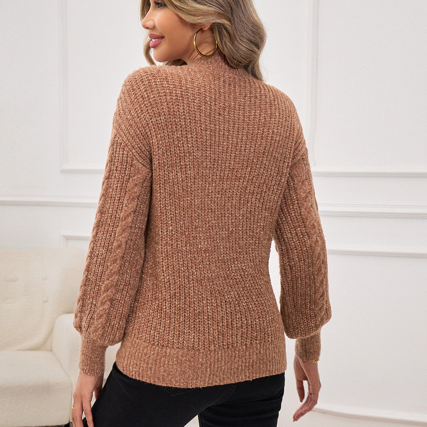 Womens Sweaters Cable Knit Long Lantern Sleeve Crewneck Vintage Pullover Tops Clothes