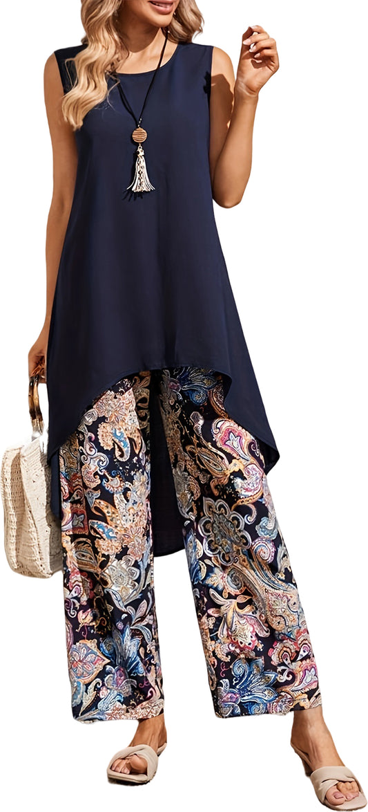 Women's Lounge Set 2 Piece Bohemian Outfit Sleeveless Tank Top High-Waisted Wide Leg Pants Leisure BeachSuit Loungewear Summer