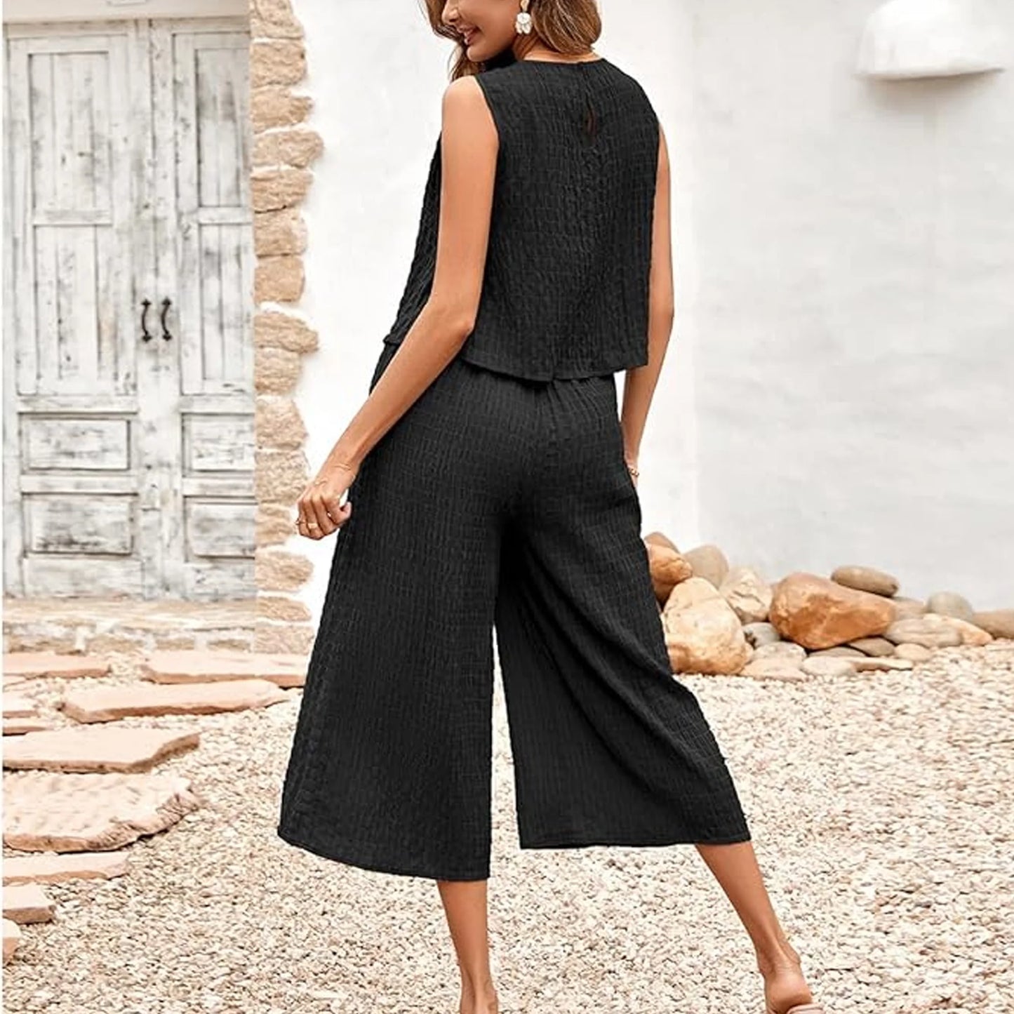 MLDRA Women's Capri Lounge Sets 2-Piece Beach Summer Vacation Travel Going Out Outfit Sleeveless Crop Tank Top Wide-Leg Dressy Palazzo Crop Pants Suit Black