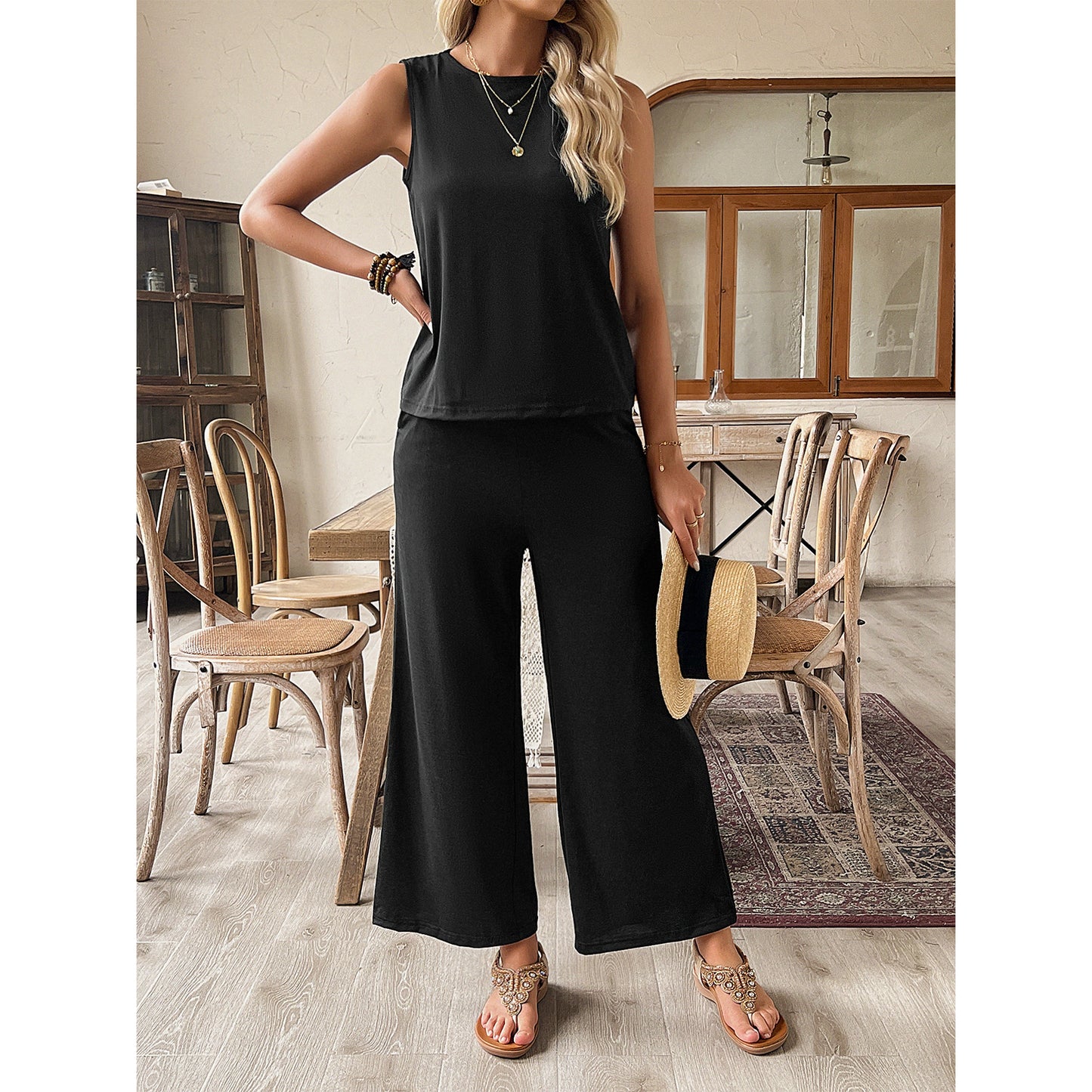 Women's Two-Piece Lounge Set Summer Beach Suit Vacation Travel Going Out Outfit Sleeveless Tank Vest Top High Waist Wide Leg Pants Sexy Leisure Set Black
