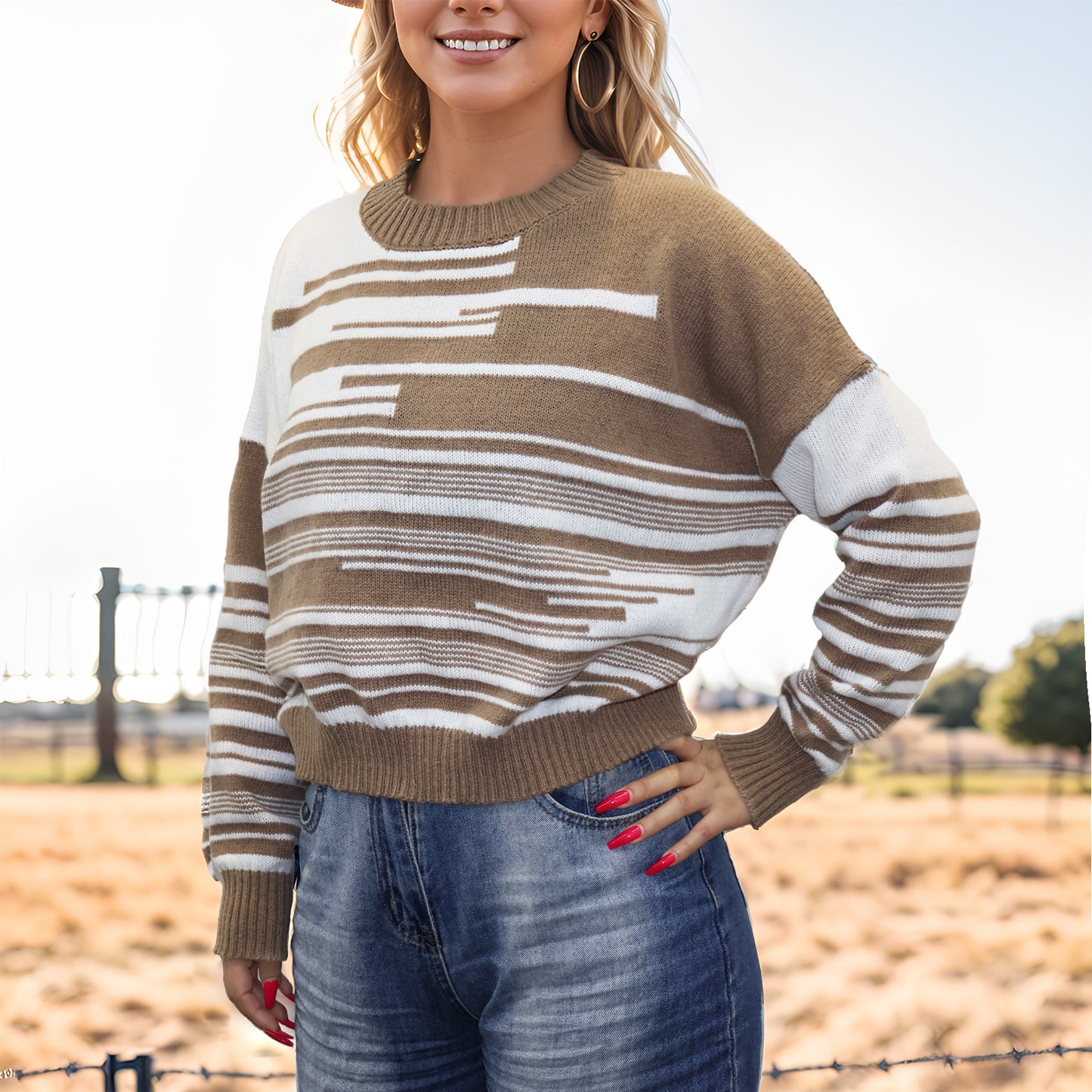 Womens Sweaters Pullover Crewneck Long Sleeve Knit Tops Casual Striped Color Block Shirts